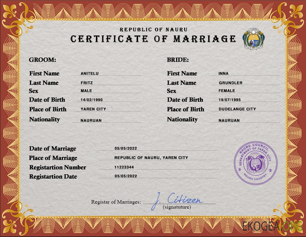 Modèle PSD de certificat de mariage de Nauru
